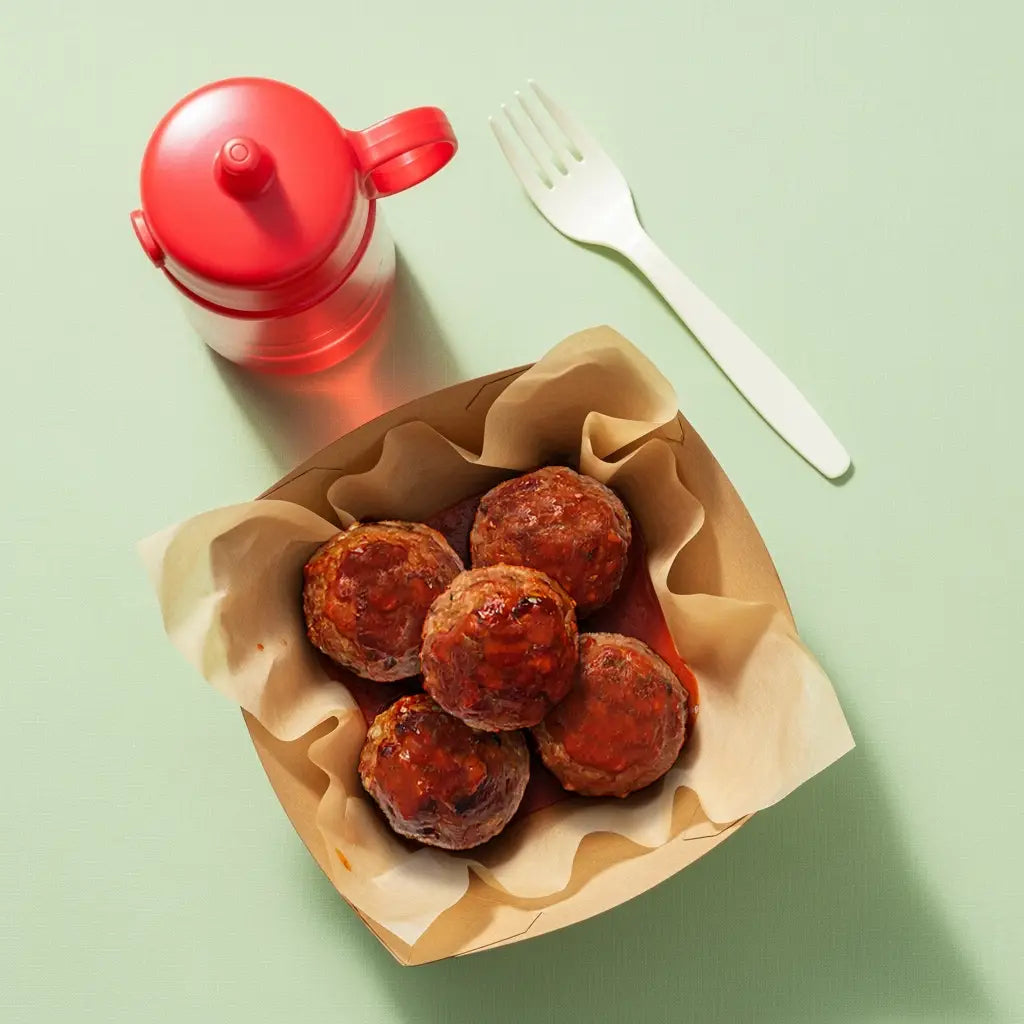 Takeaway container of meatballs with a light tomato sauce.