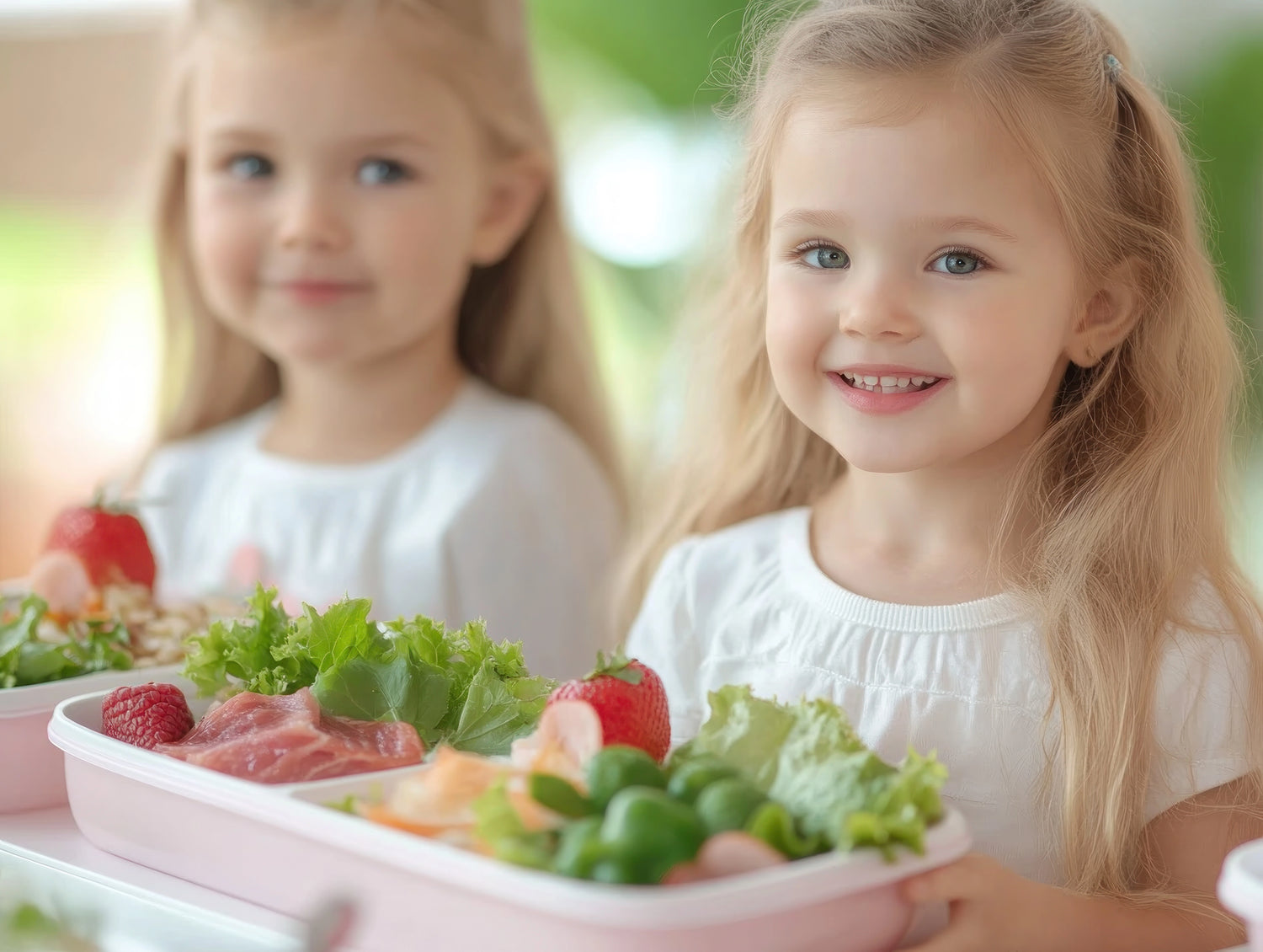 Two young girls holding a tray of vegetables and fruits.