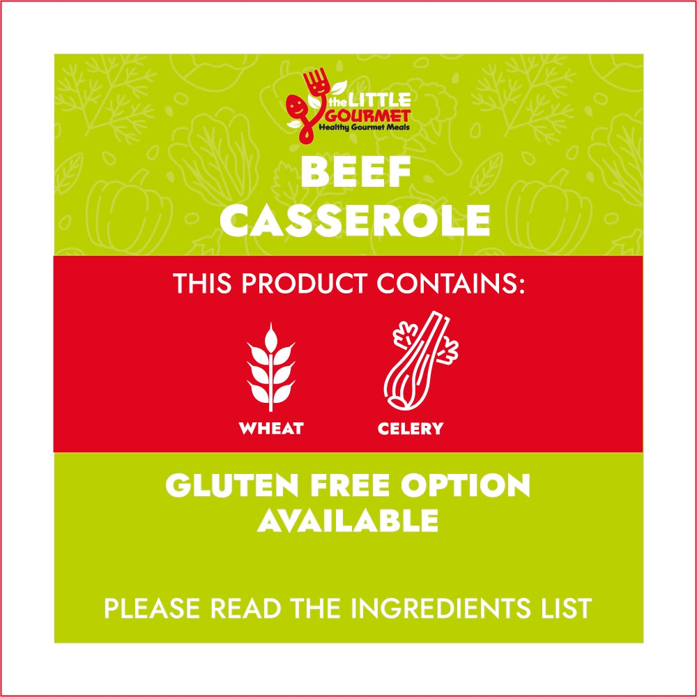 Allergen information for Beef Casserole with Little Gourmet branding, gluten-free option information, and ingredient icons.