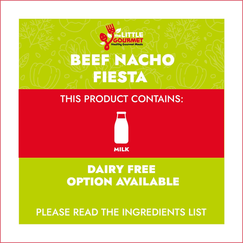 Allergen information for 'Beef Nacho Fiesta' from 'The Little Gourmet' with dairy information.