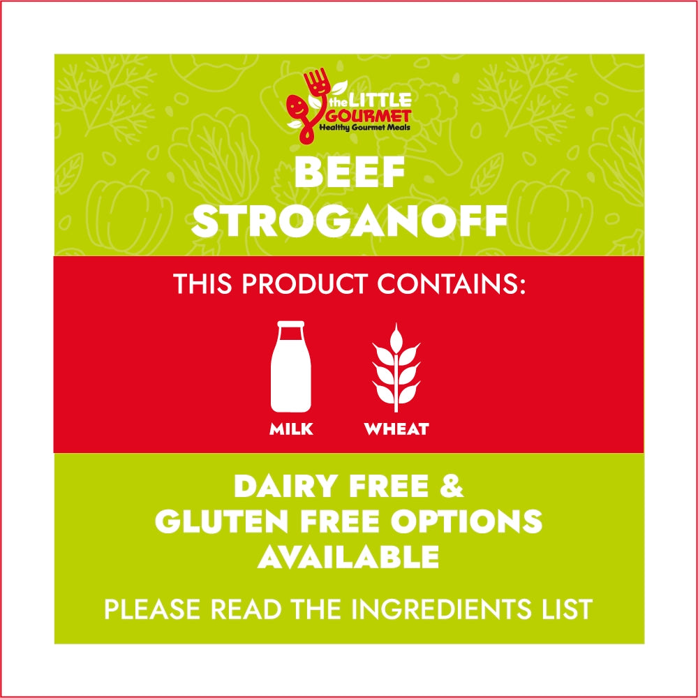 Allergen information for Beef Stroganoff with dairy and gluten information on a green and red background.