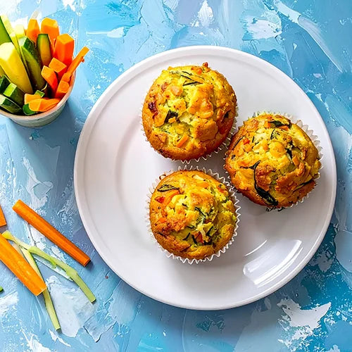 Three zucchini muffins on a white plate with vegetables on a blue textured background