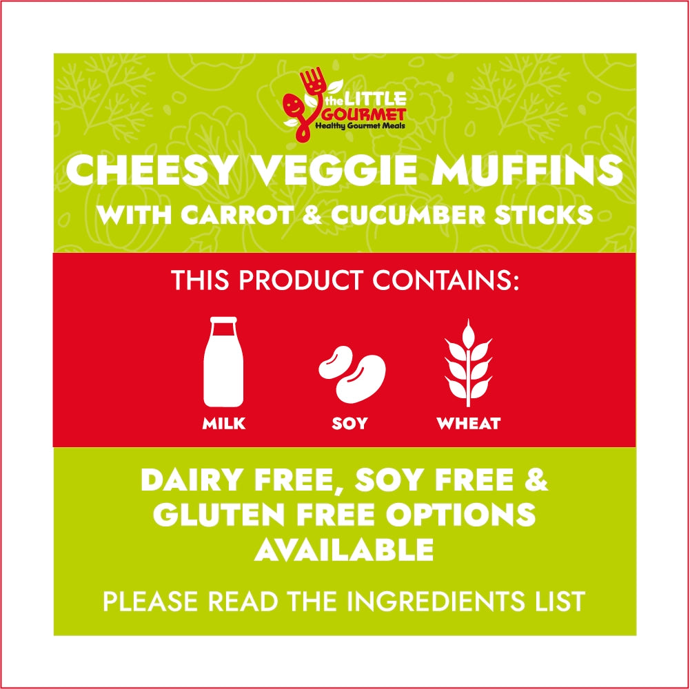 Allergen information for cheesy veggie muffins with carrot & cucumber sticks from The Little Gourmet, indicating dairy, soy, and gluten-free options.