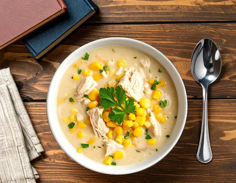 Bowl of creamy chicken corn soup on a wooden table with a spoon and books in the background.
