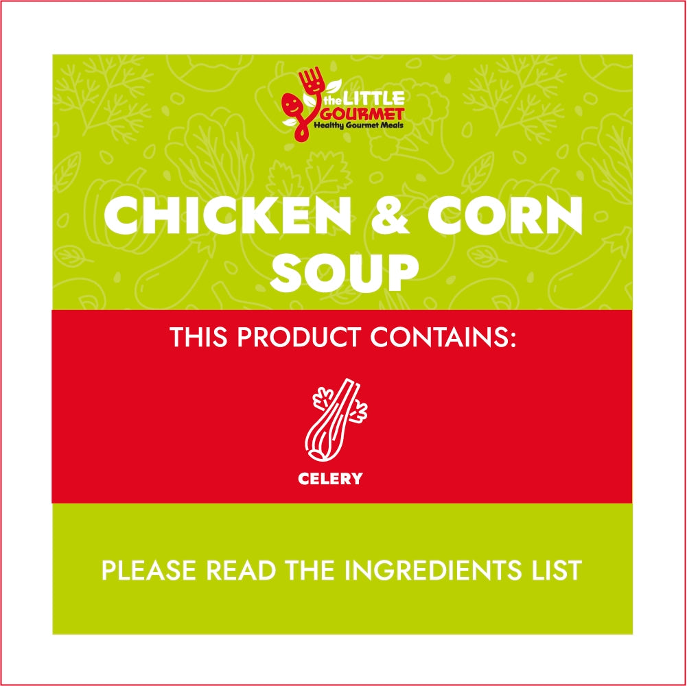 Allergen information for Chicken & Corn Soup with ingredients and allergen information on a green and red background.