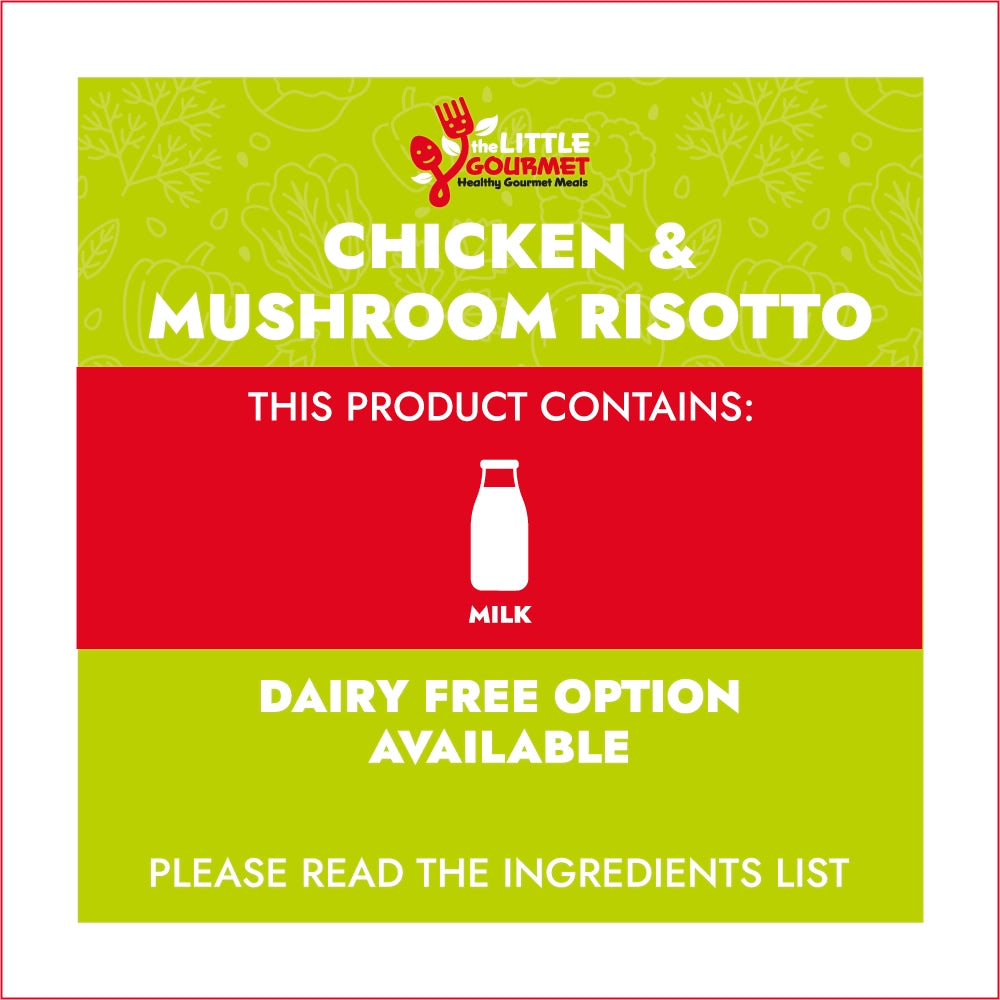 Allergen information for Chicken & Mushroom Risotto with Little Gourmet branding, indicating milk content and a dairy-free option.