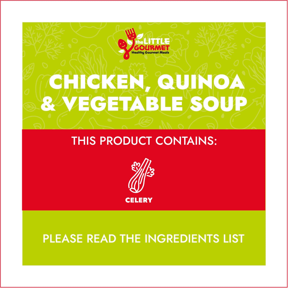 Product label for Chicken, Quinoa & Vegetable Soup with ingredients and allergen information.