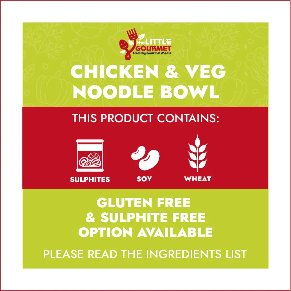 Allergen information for  'Chicken & Veg Noodle Bowl' with allergen information on a green and red background.