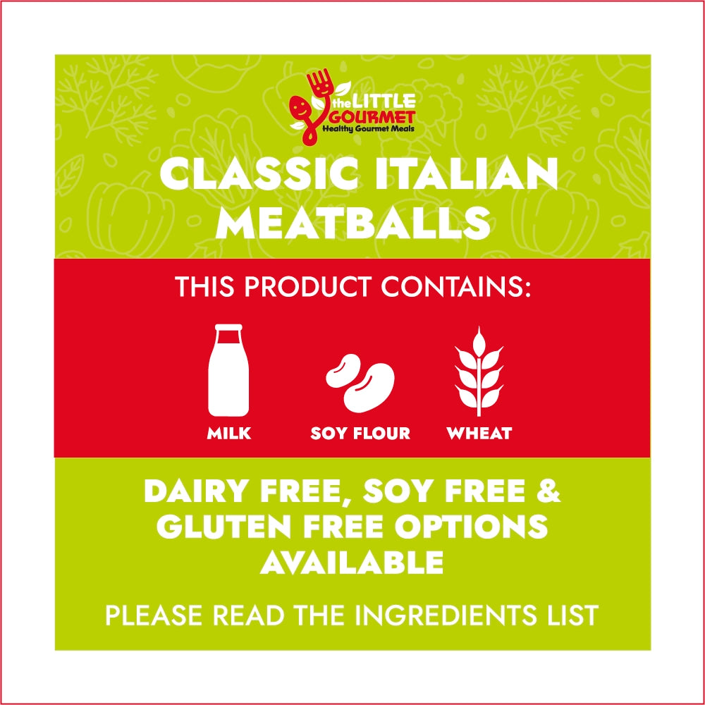 Allergen information for Classic Italian Meatballs with allergen information on a green and red background.