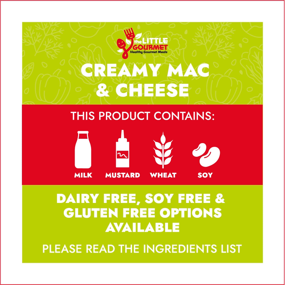 Allergen information for Creamy Mac & Cheese with allergen information on a green and red background.