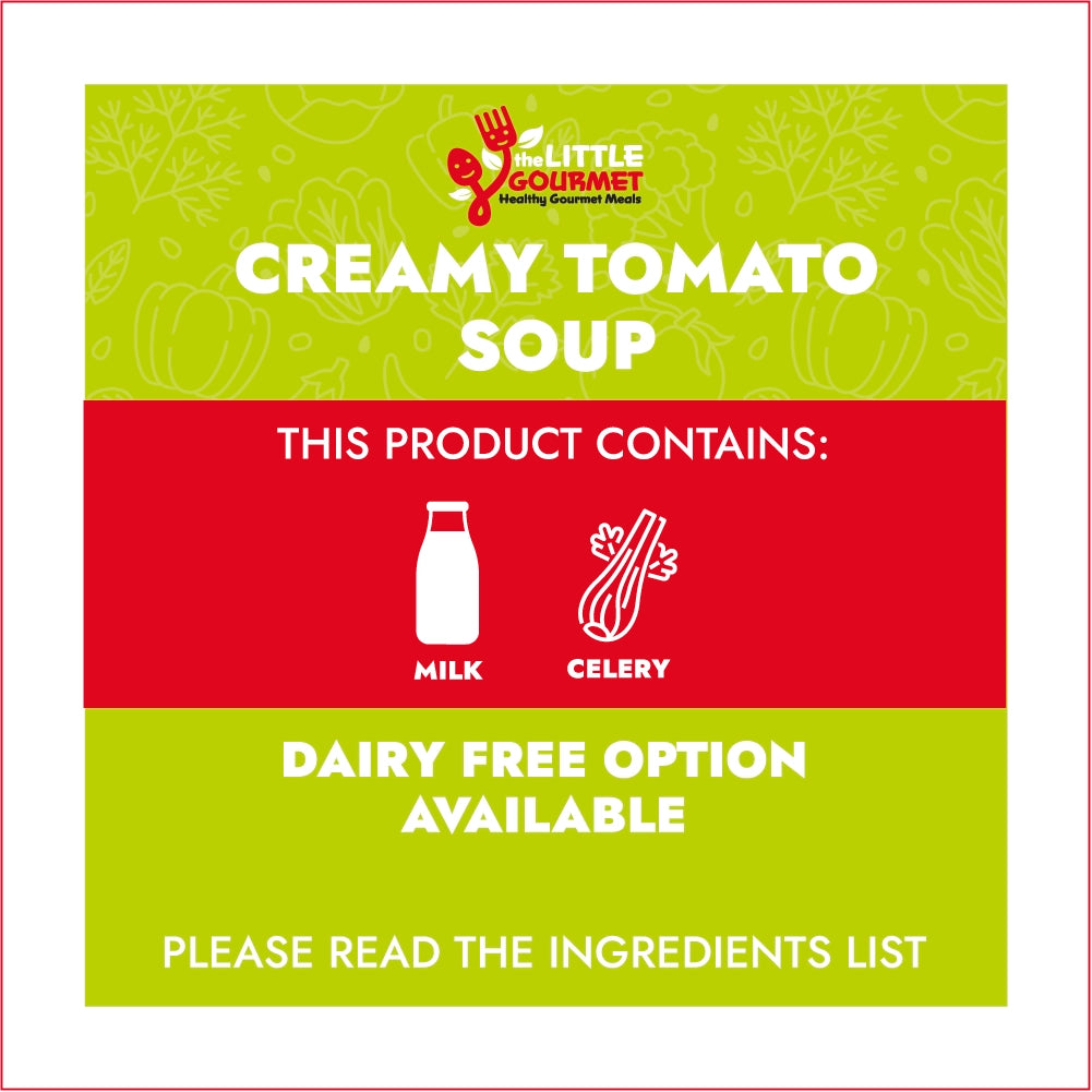 Product label for Creamy Tomato Soup with ingredients and dietary information on a green and red background.