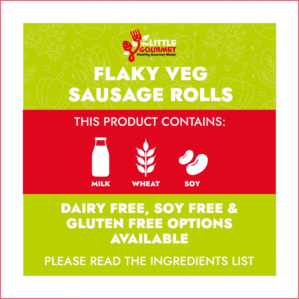 Allergen information for flaky veg sausage rolls with allergen information on a green and red background.