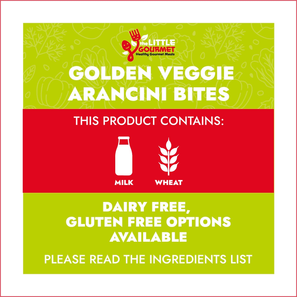 Allergen information for Golden Veggie Arancini Bites with Little Gourmet branding, indicating dairy and gluten-free options.