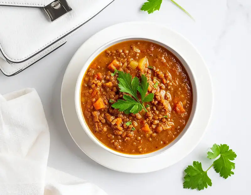Bowl of lentil soup with bread slices on a wooden table