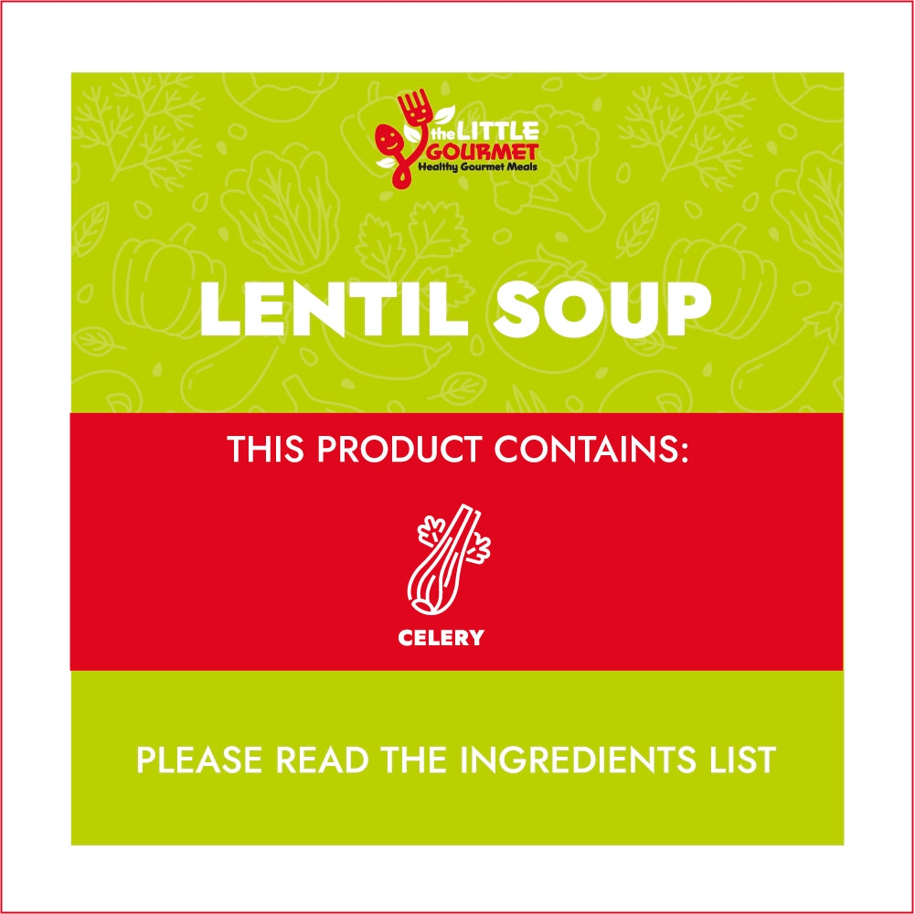 Lentil soup Allergen Information with 'The Little Gourmet' branding and ingredient information.