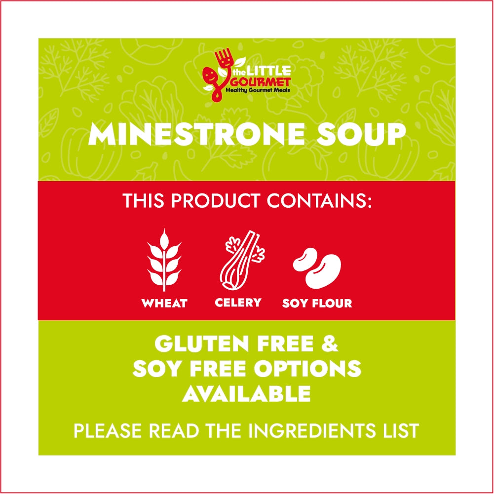 Minestrone soup packaging with Little Gourmet logo and ingredient information.