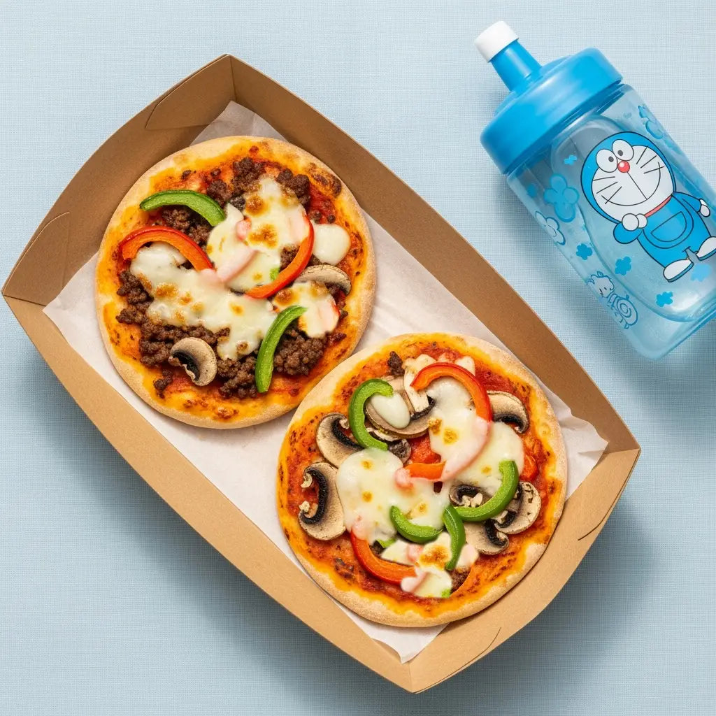 Small pizzas with various toppings on a gray surface