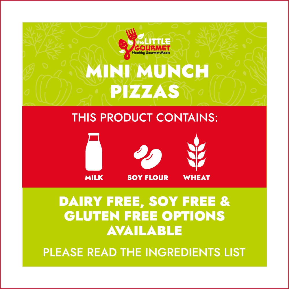 Allergen information for Mini Munch Pizzas with ingredients and dietary information on a green and red background.