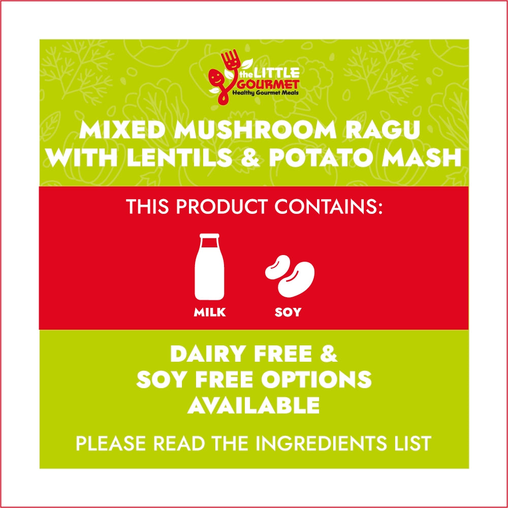 Allergen information for 'Mixed Mushroom Ragu with Lentils & Potato Mash' from The Little Gourmet, indicating dairy and soy-free options.