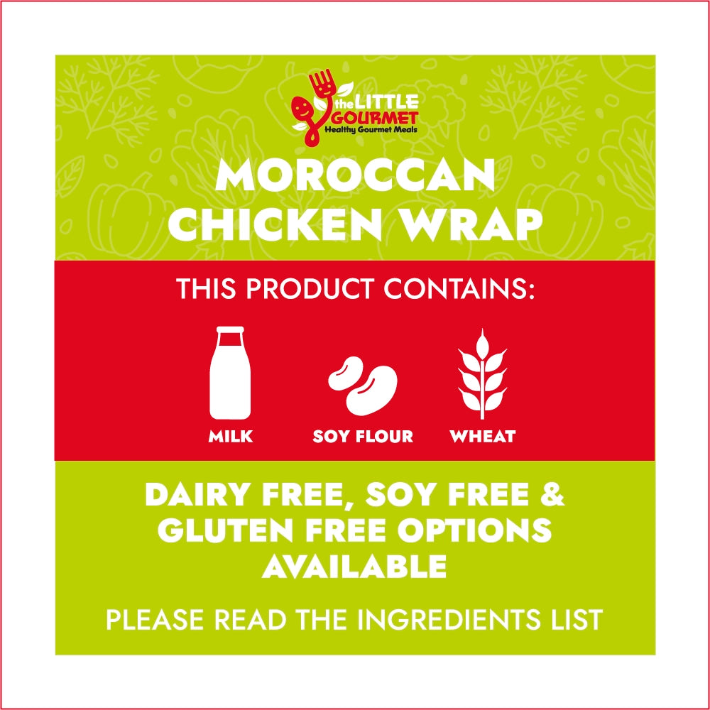 Allergen information for Moroccan Chicken Wrap with allergen information and branding on a green and red background.