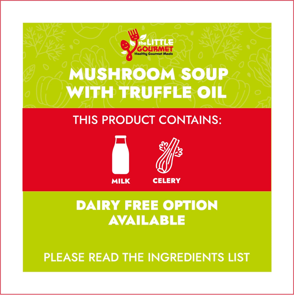 Product label for mushroom soup with truffle oil from The Little Gourmet, detailing ingredients and dietary options.