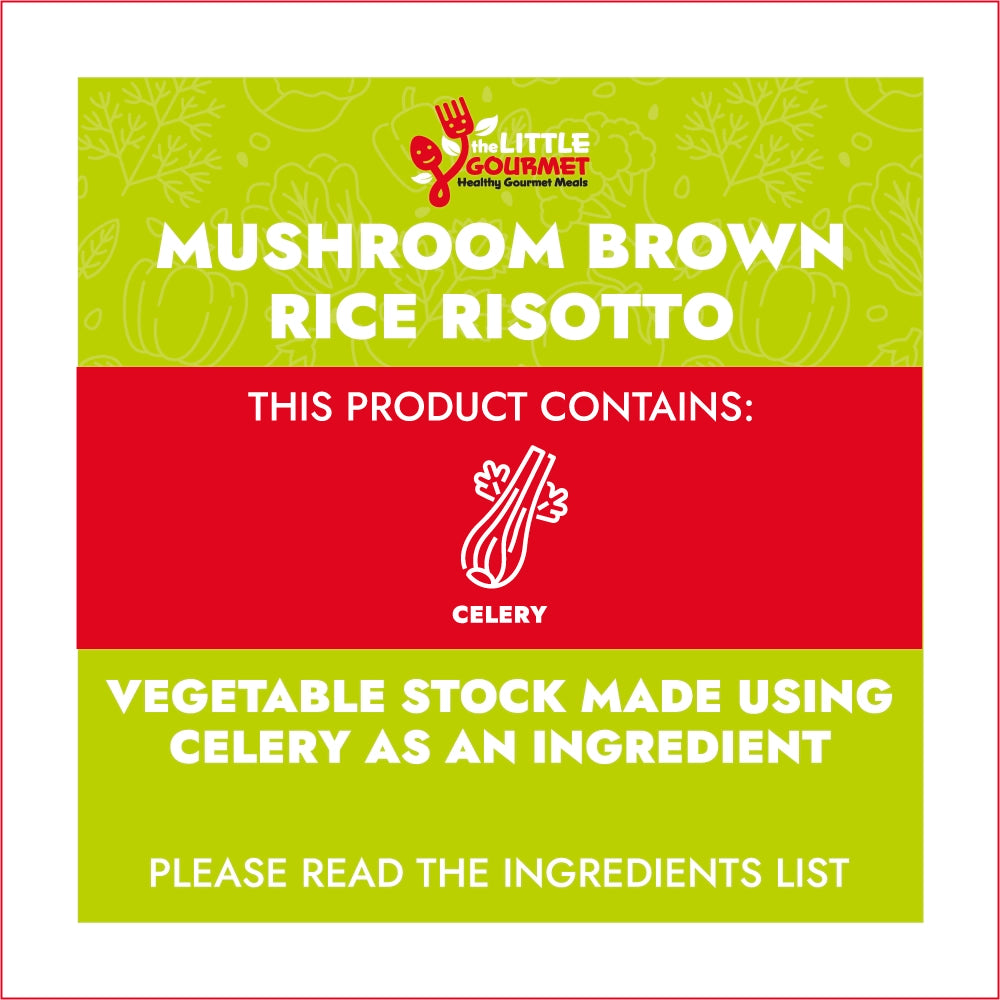 Allergen information for Mushroom Brown Rice Risotto with ingredients and product information.