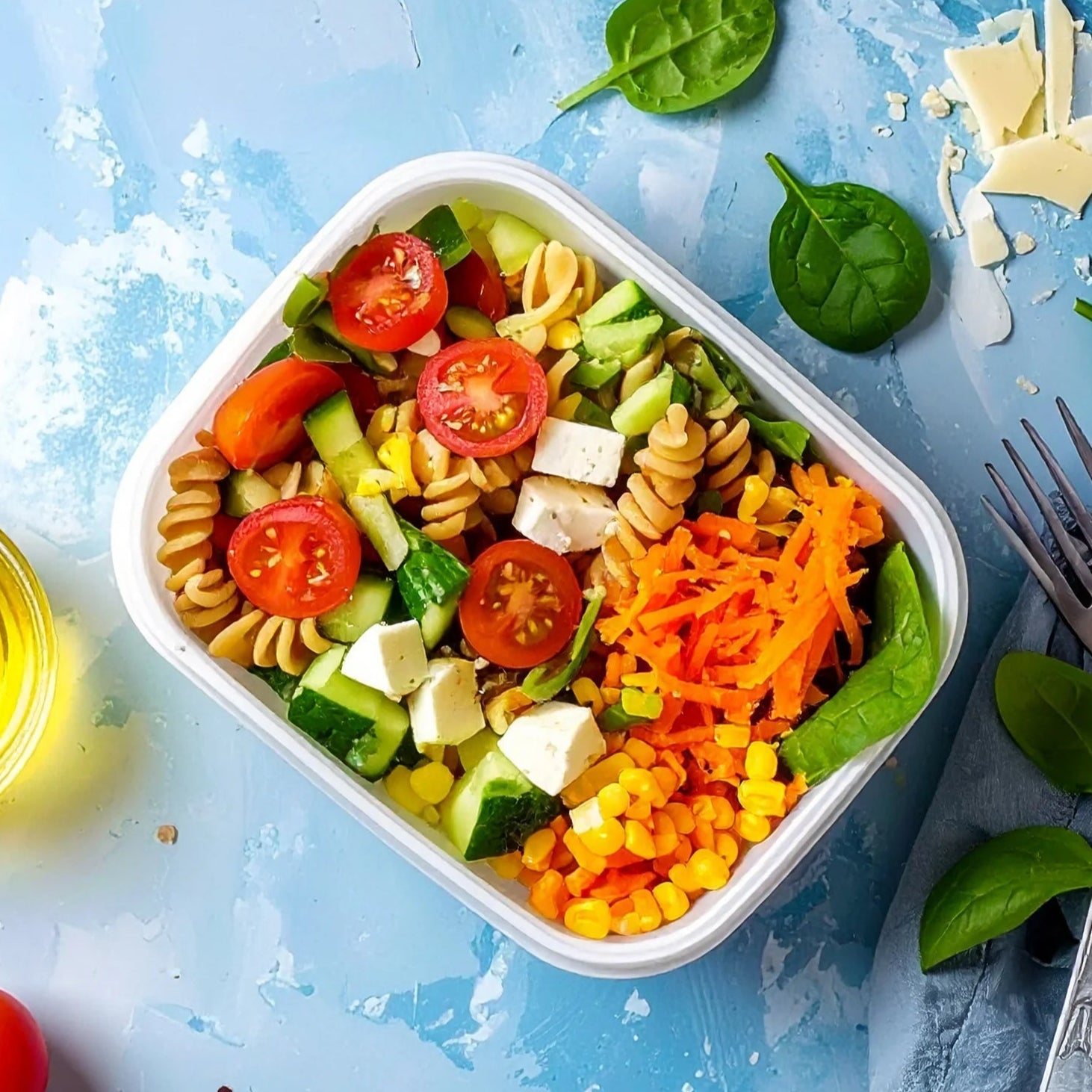 Pasta salad with vegetables in a white container on a blue background
