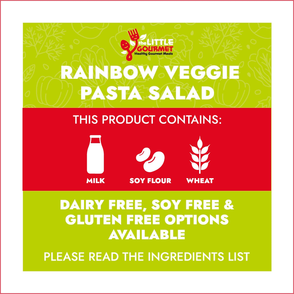 Allergen information for Rainbow Veggie Pasta Salad with Little Gourmet branding, dietary information, and product details.
