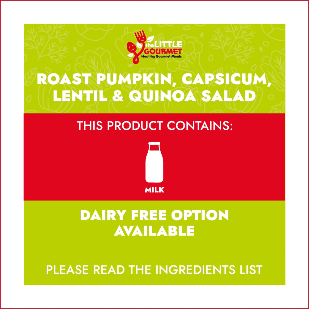 Allergen information for Roast Pumpkin, Capsicum, Lentil & Quinoa Salad with Little Gourmet branding and allergen information.