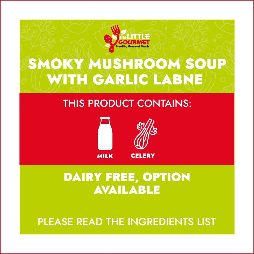 Allergen information for 'Smoky Mushroom Soup with Garlic Labne' from The Little Gourmet, detailing ingredients and dietary options.