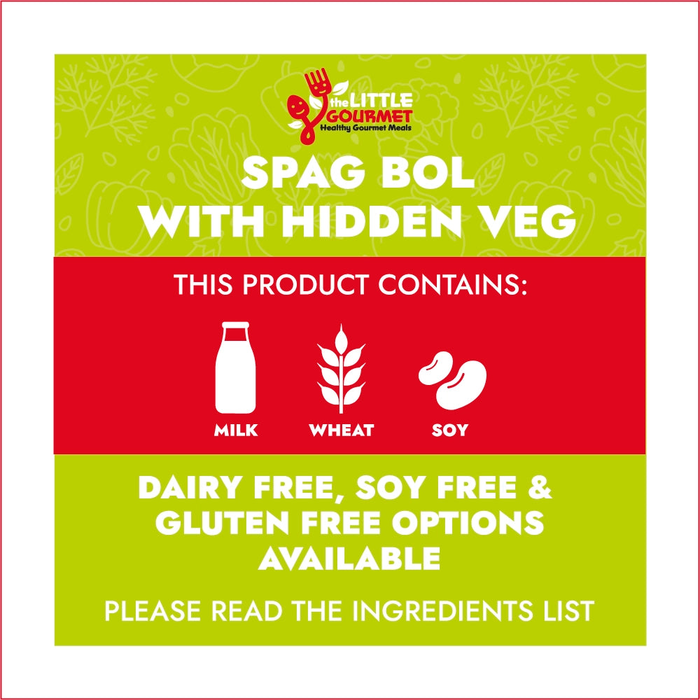Allergen information for 'Spag Bol with Hidden Veg' from The Little Gourmet, indicating ingredients and dietary options.