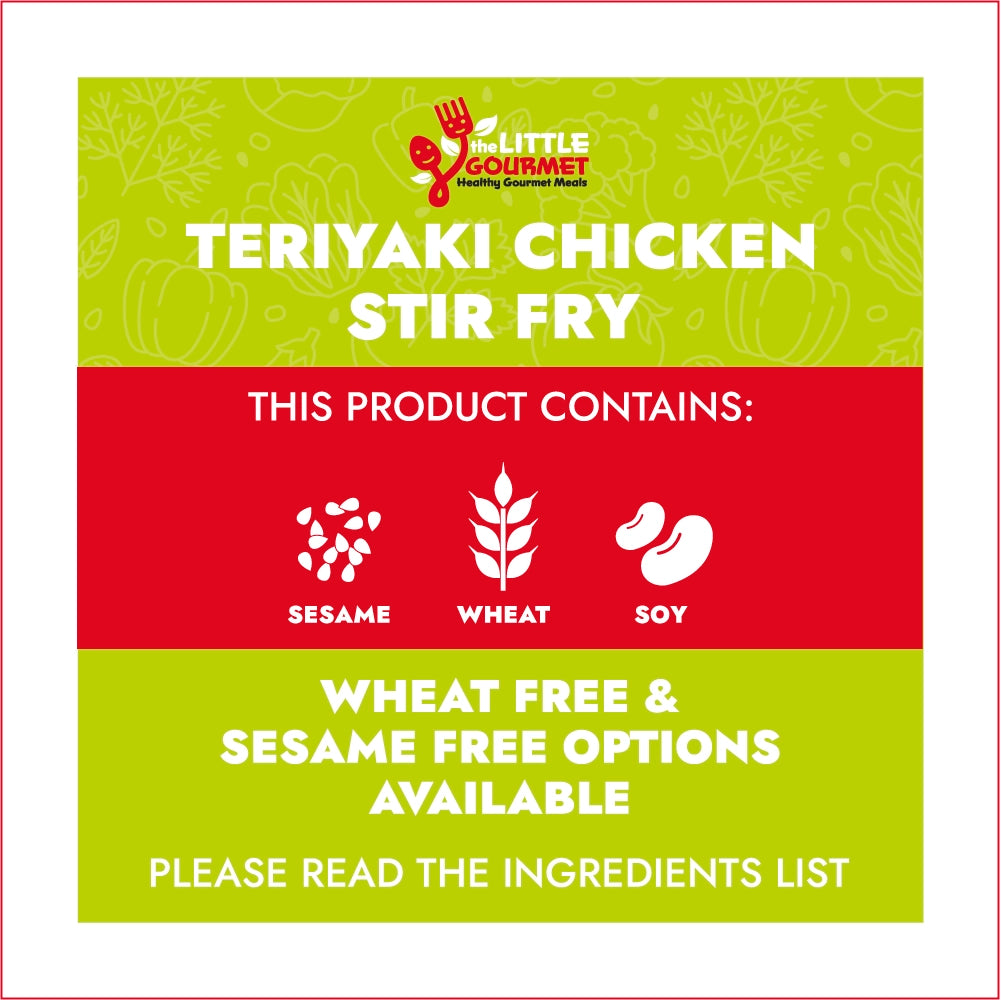 Allergen information for Teriyaki Chicken Stir Fry with allergen information on a green and red background.