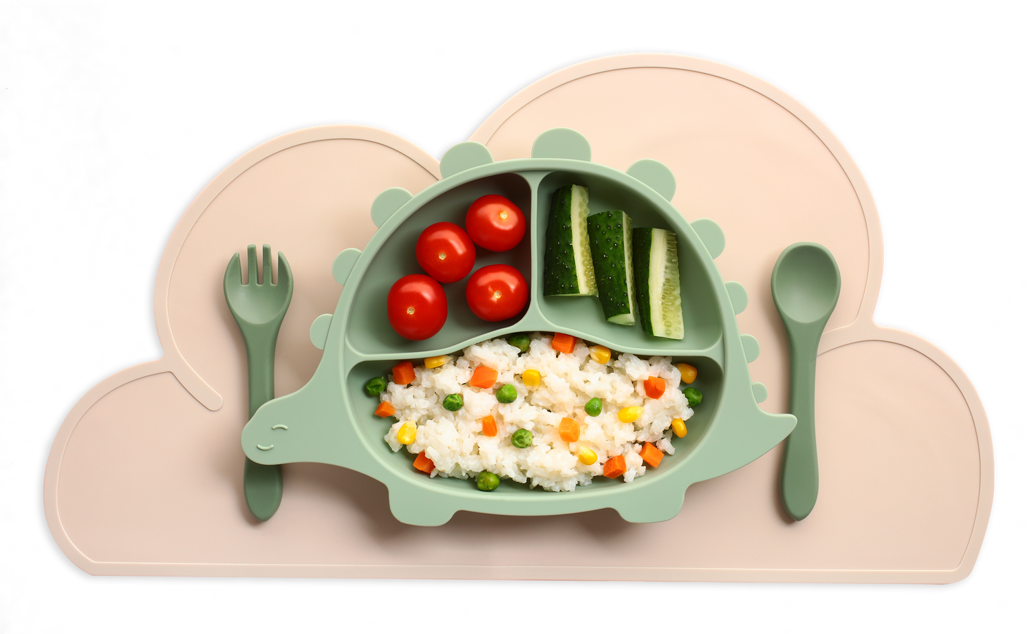 Dinosaur-shaped plate with children's healthy meal on a pink placemat.