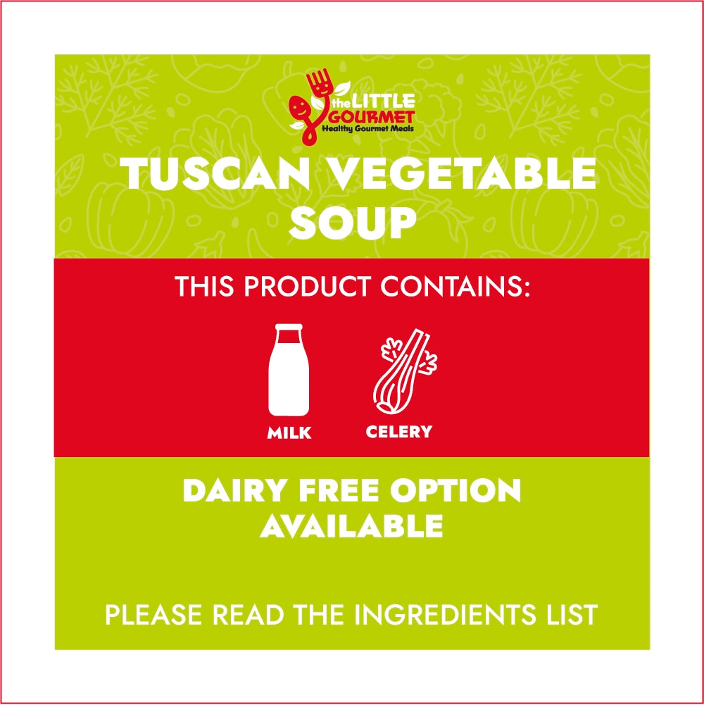Product label for Tuscan Vegetable Soup with ingredients and allergen information on a green and red background.