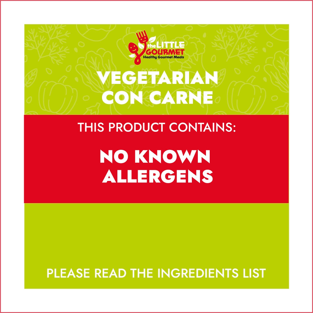 Allergen information for 'Vegetarian Con Carne' with allergy information on a green and red background.