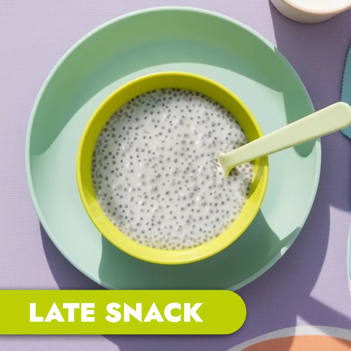 Bowl of chia pudding with a spoon on a green plate, labeled 'LATE SNACK' on a purple background.
