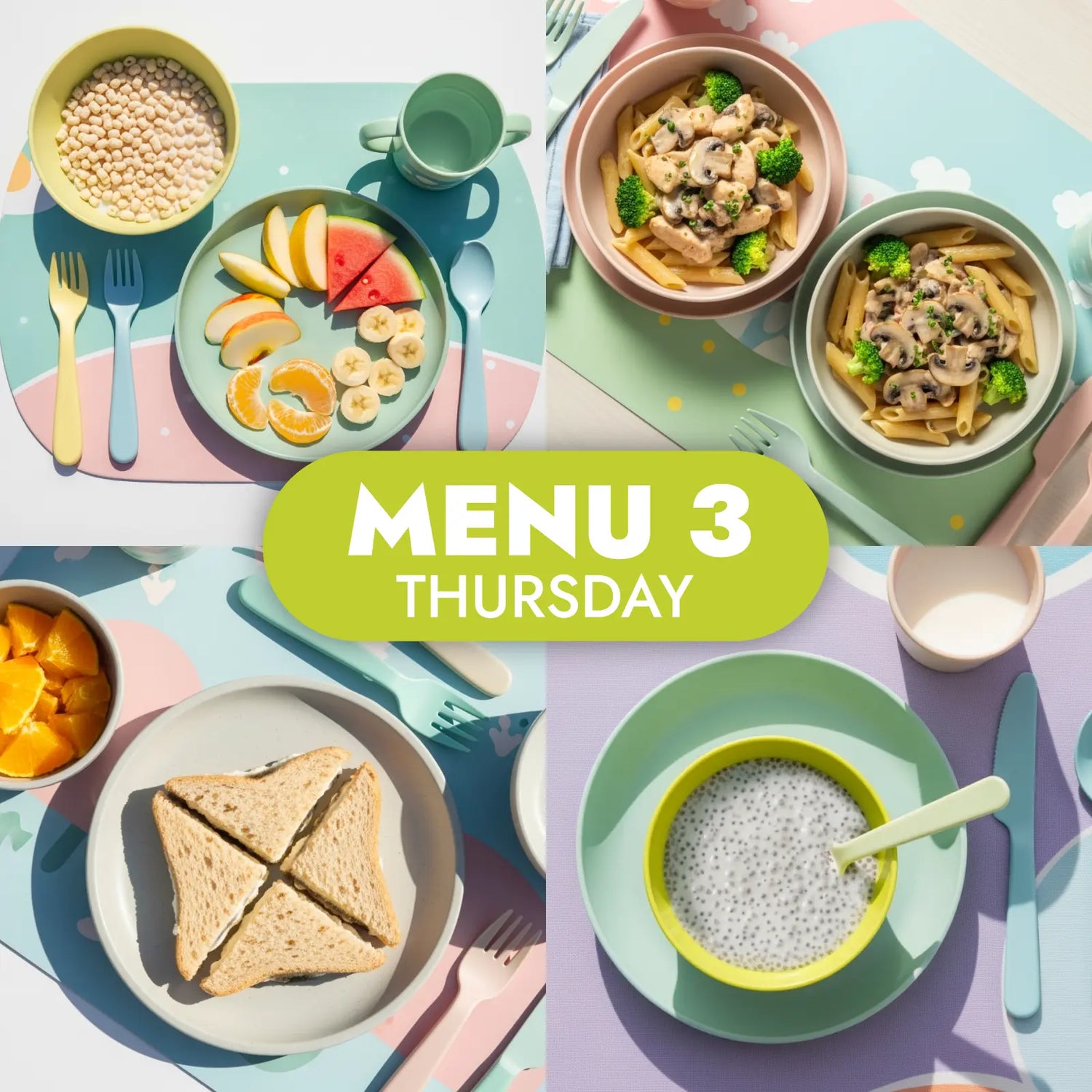 The Little Gourmet Menu 3, childcare meals for Thursday. Morning tea, Lunch, afternoon tea and late snack meals for children in childcare.