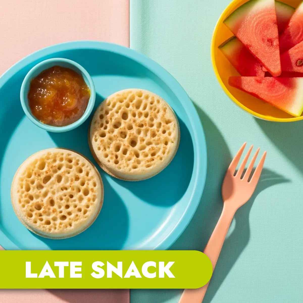 The Little Gourmet Childcare Menu 4 - Friday, late snack crumpets with marmalade and fresh fruit.