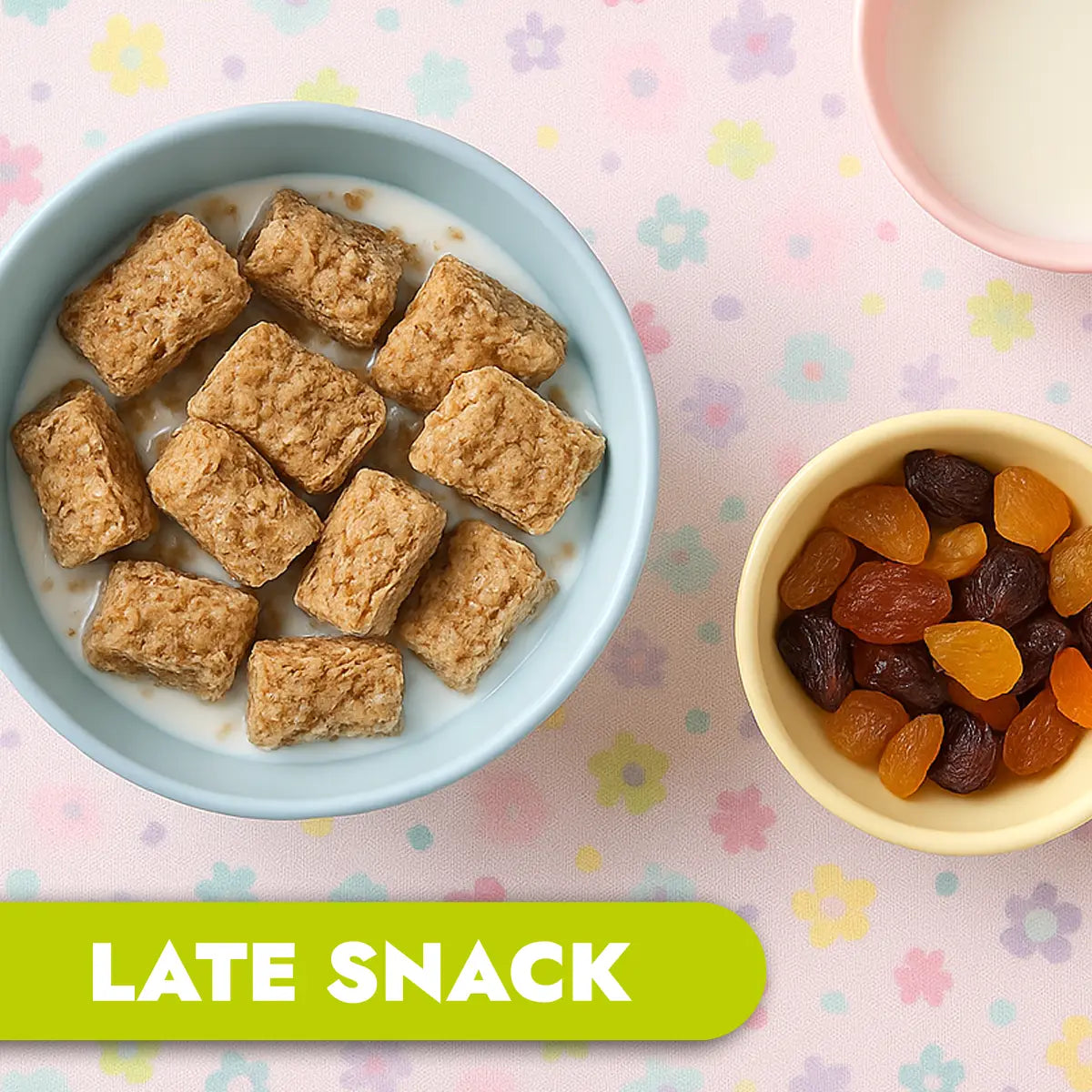 Bowl of Weetbix Bites cereal with milk and a bowl of dred fruit on a pastel floral background, labeled 'LATE SNACK'.