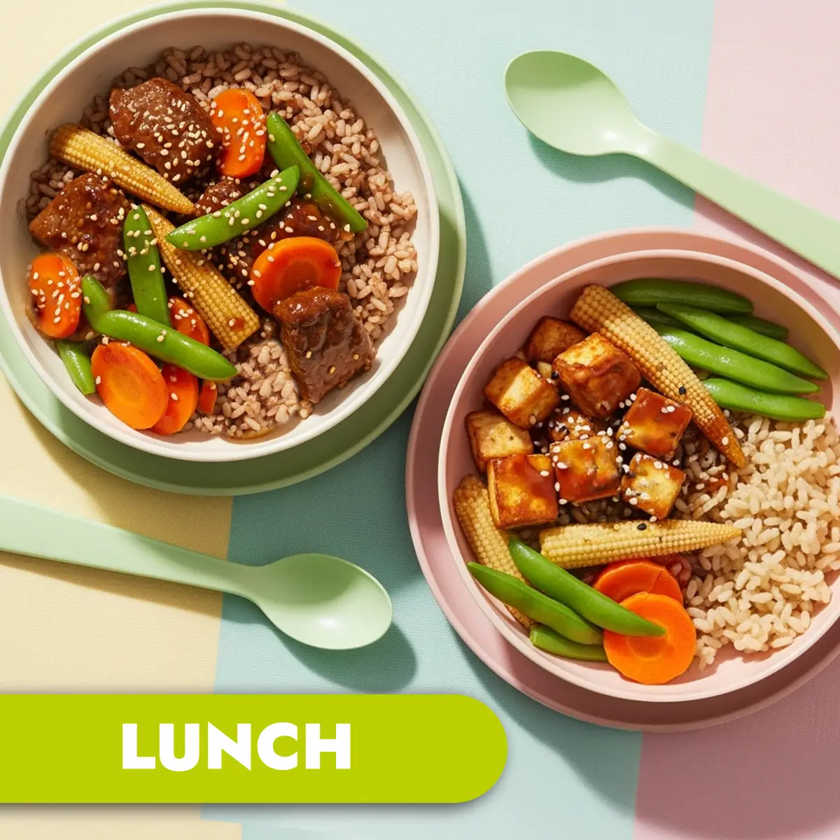 Two bowls of Teriyaki stirfry lunch with rice, vegetables, and tofu on a colorful background.