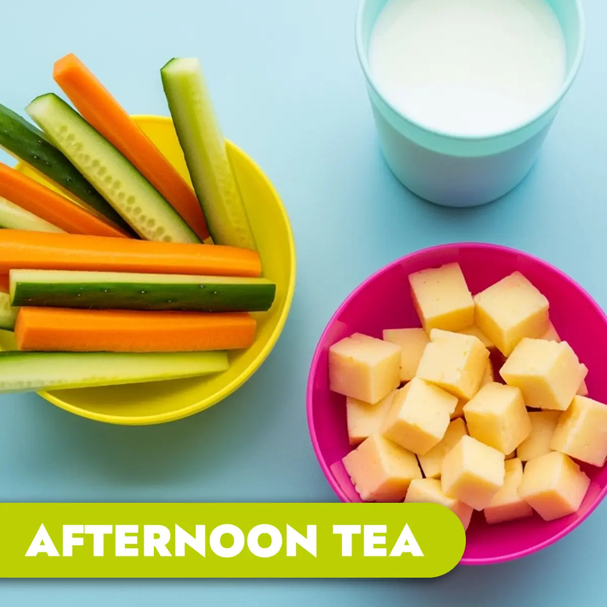 Assorted vegetables and cheese on a blue background with 'Afternoon Tea' text.