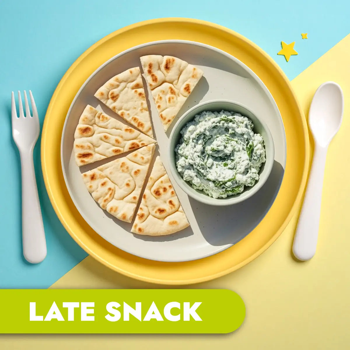 Platter with sliced flatbread and a bowl of dip on a yellow plate with a fork and spoon, against a blue and yellow background.