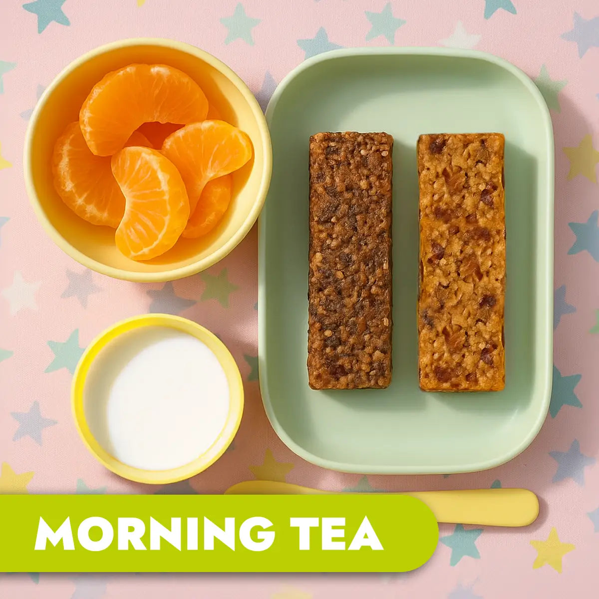 Morning tea setup with orange slices, granola bars, and milk on a pink background with star patterns.