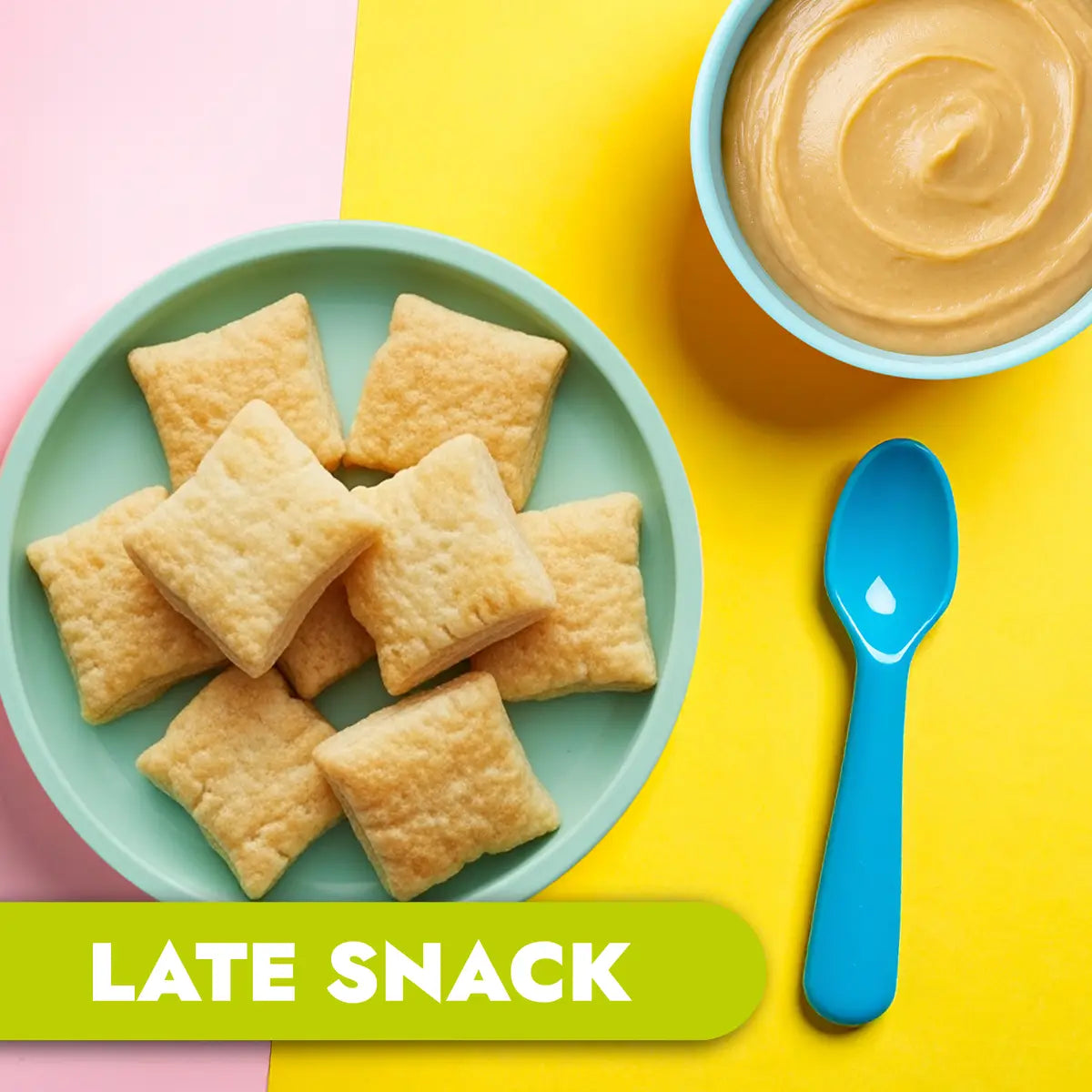 Plate of pastry puffs with a bowl of vegemite mixed with cream cheese and a blue spoon on a yellow background, labeled 'LATE SNACK'.