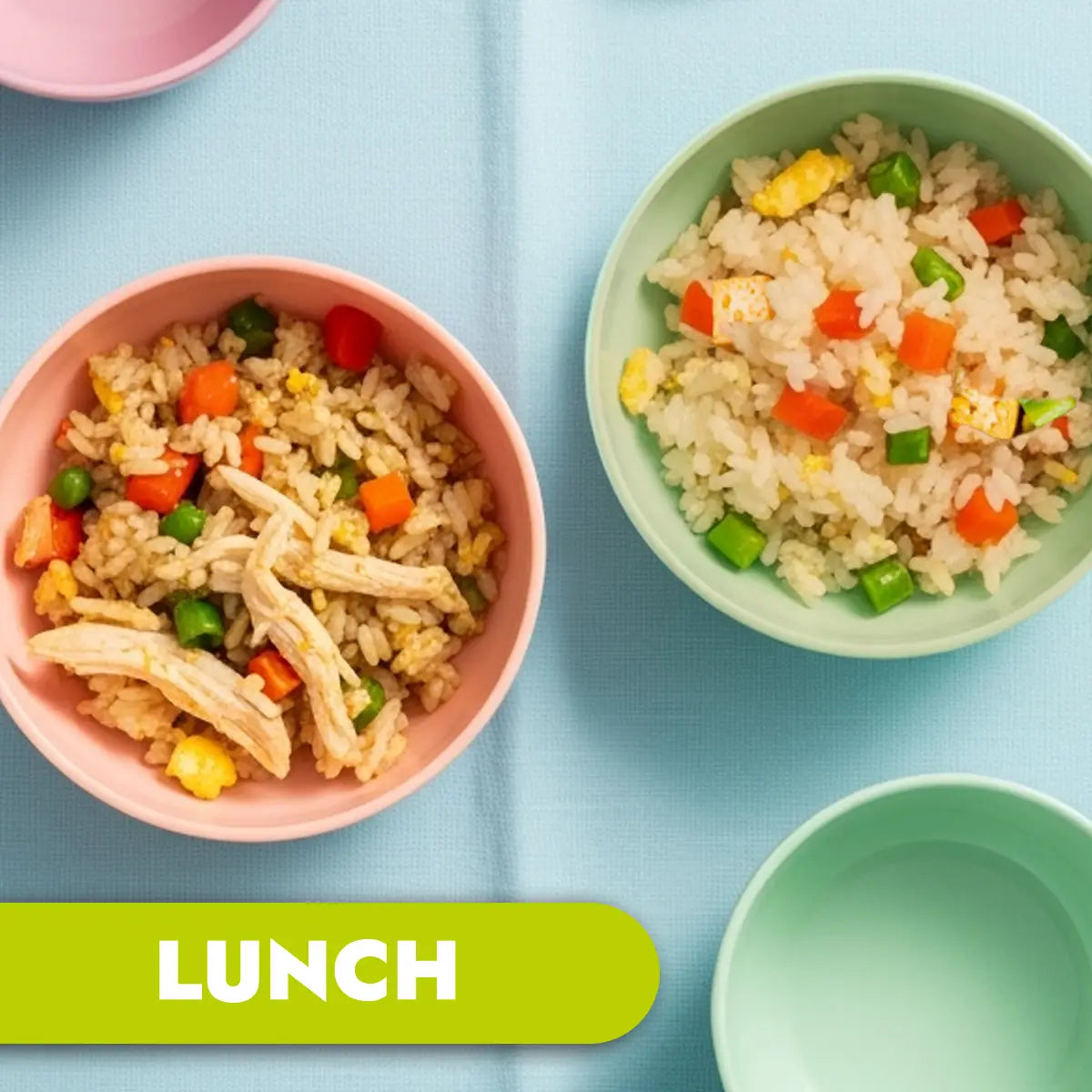 Two bowls of fried rice with vegetables on a blue background, labeled 'LUNCH'.