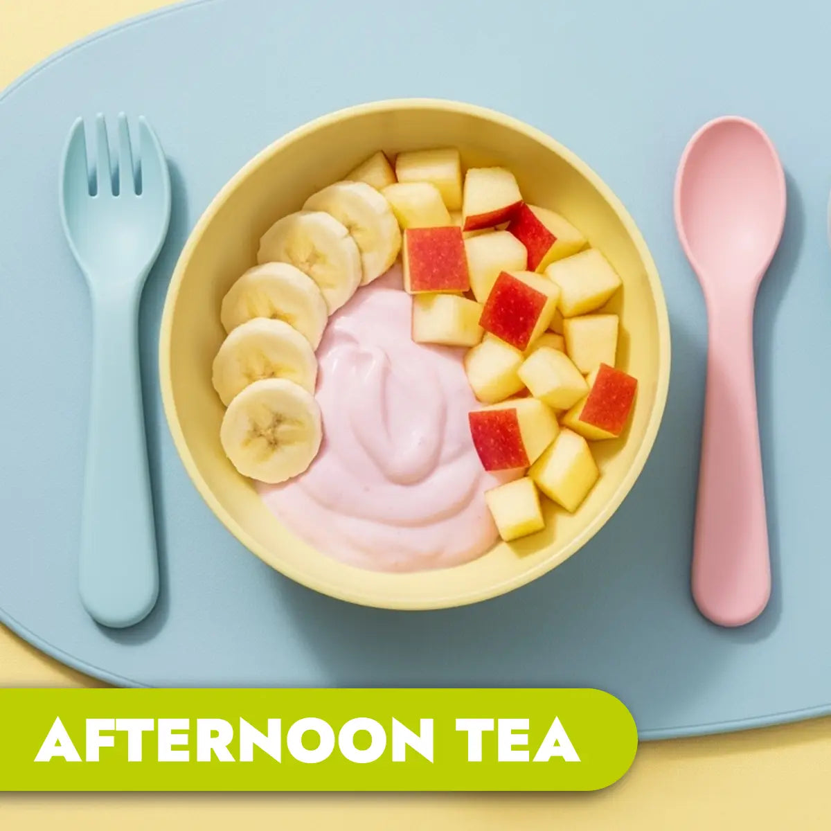Bowl of yogurt with fruit on a blue plate with a fork and spoon, labeled 'Afternoon Tea'.