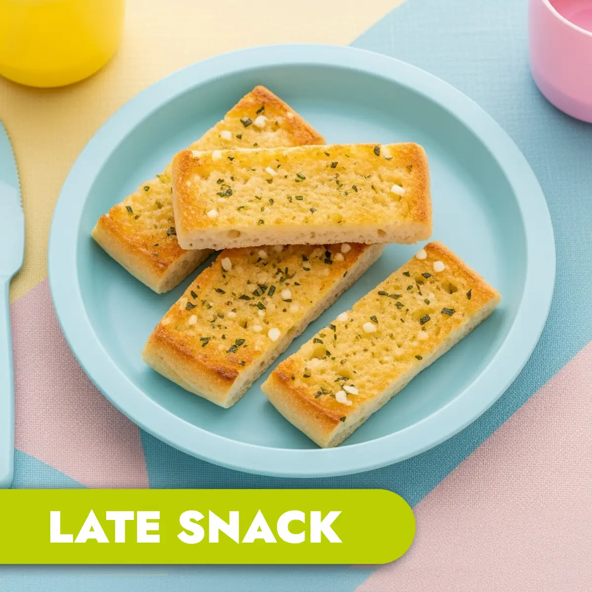 Garlic bread slices with herbs on a blue plate, labeled 'LATE SNACK' on a colorful background.