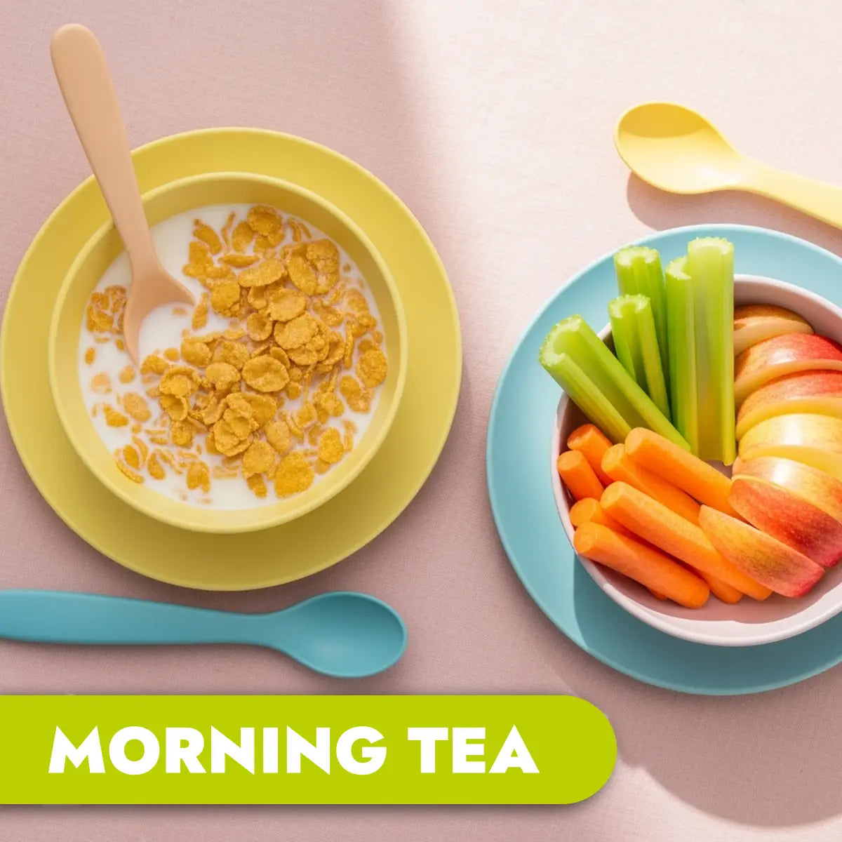 Two plates of morning tea with cereal and fruit on a pink background