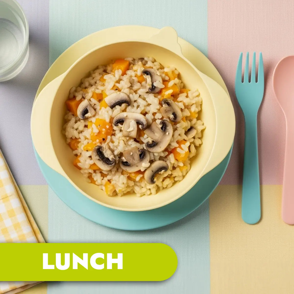 TLG Childcare meals. Colorful lunch set with a bowl of  mushroom & pumpkin risotto with the text 'LUNCH'.