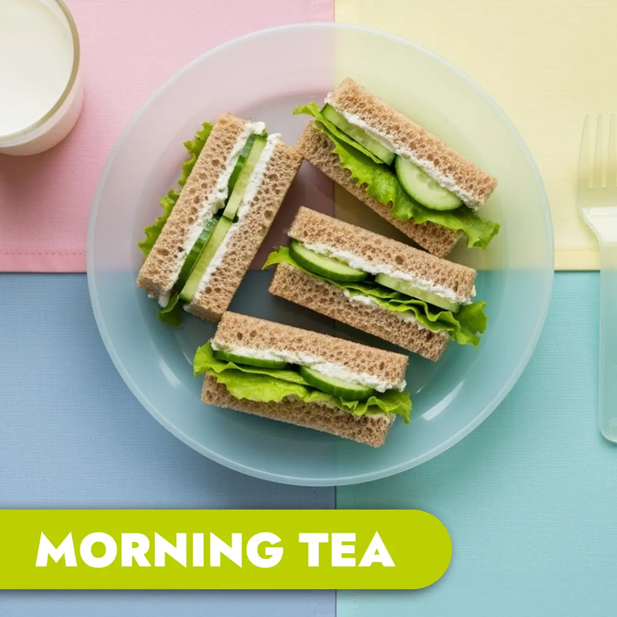 TLG Childcare morning tea. Cucumber , lettuce and cream cheese sandwiches on a plate with 'Morning Tea' text. 